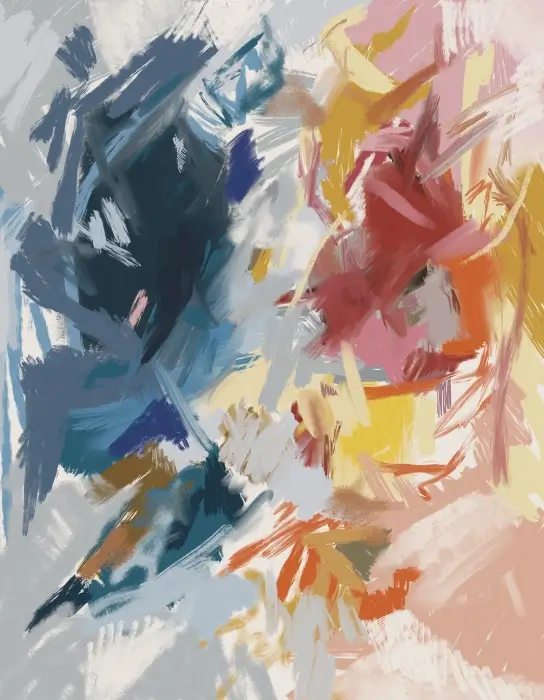Thermal Equilibrium Digital Artwork Abstract artwork with contrasting cool blue and warm red-orange brushstrokes in a dynamic expressionist composition.