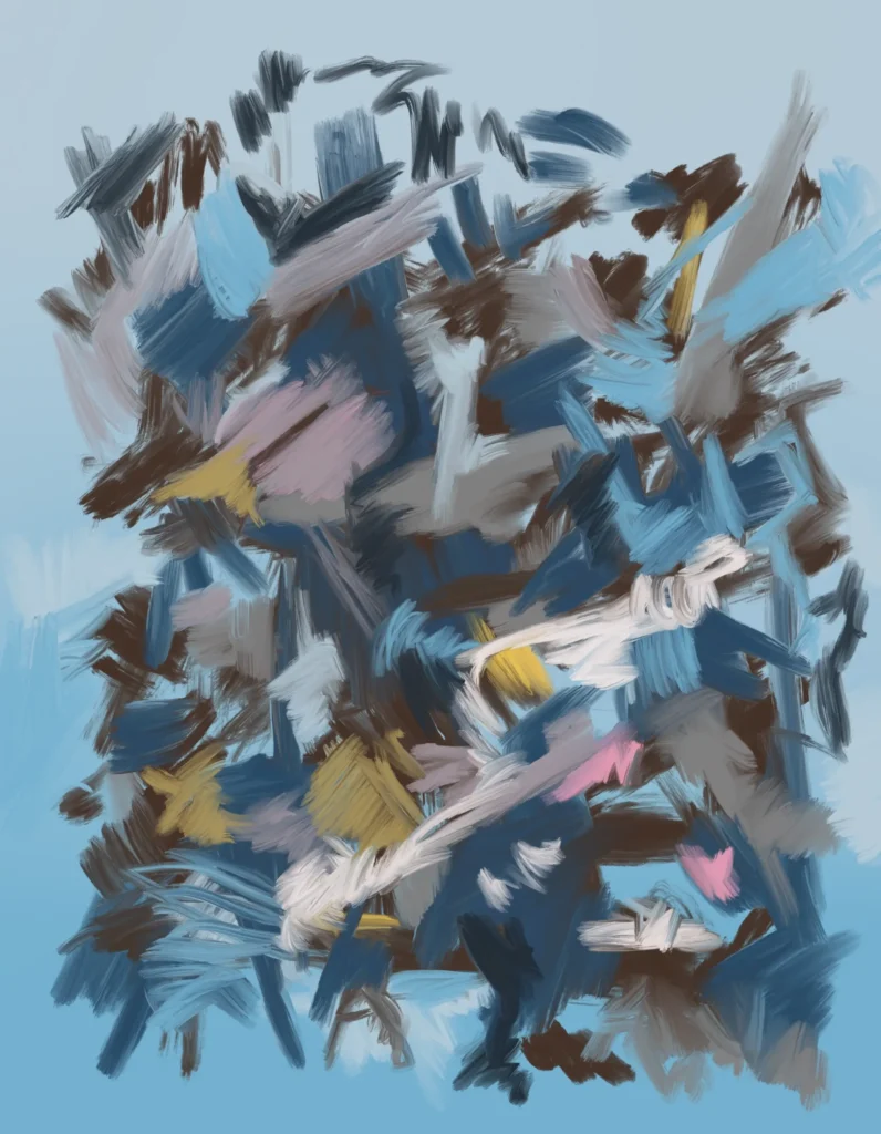 Large abstract expressionist artwork featuring dense overlapping blue, brown, gray, pink, yellow, and white brushstrokes that create a sense of fluid movement, fragmented forms, and dynamic energy against a pale blue background.