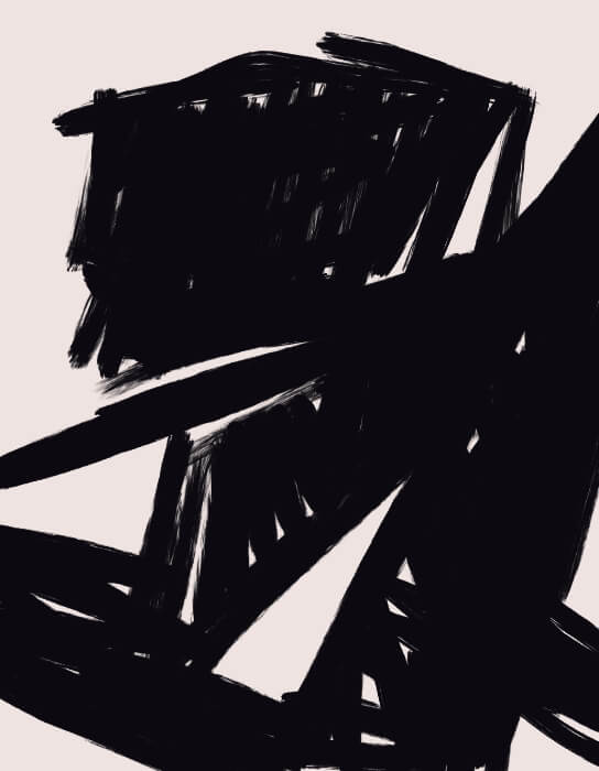 Bold black abstract painting with expressive brushstrokes and angular white negative spaces on a light background.