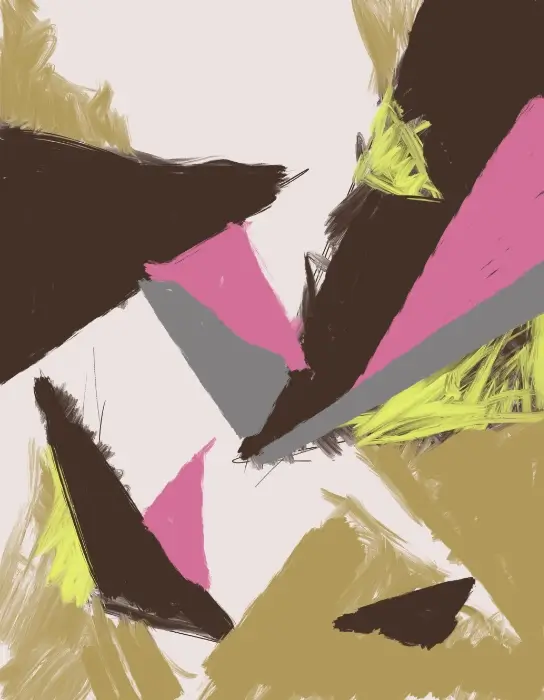 borrowed angles digital artwork Abstract composition with pink, gray, brown, and yellow angular shapes intersecting over a light background.