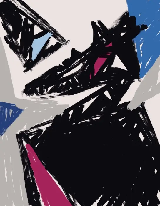 Borrowed Stress Artwork Dynamic abstract composition with bold black gestural marks and blue and magenta accents expressing movement and emotional pressure.