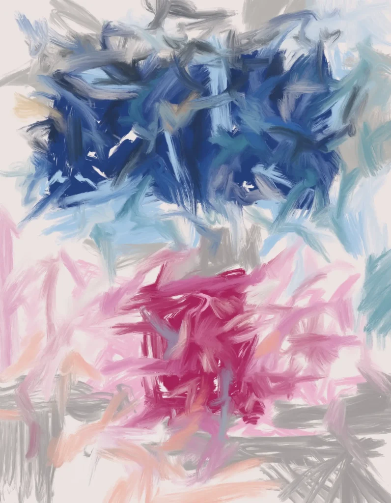 Abstract expressionist digital painting with layered blue and pink brushstrokes separated by a pale divide, expressing emotional contrast and tension.
