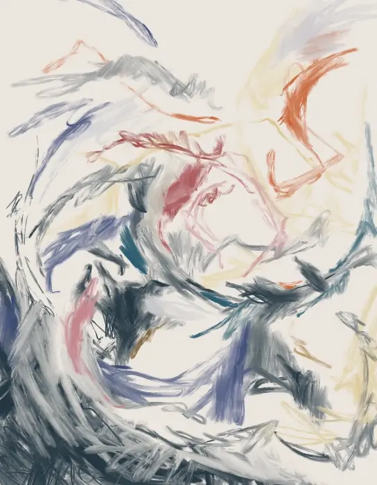 Abstract expressionist artwork featuring layered, gestural brushstrokes in blue, grey, red, pink, and ochre, with fragmented forms dissolving across an off-white surface.