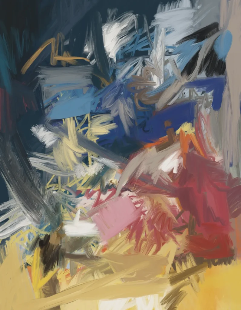 Turbulent abstract digital artwork with blue and white strokes colliding with red, pink, and yellow gestures against a dark background.