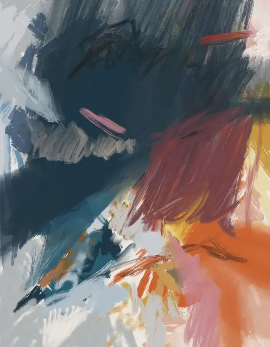 Abstract painting expressing fever and illness through dark blue, red, orange, and yellow brushstrokes.
