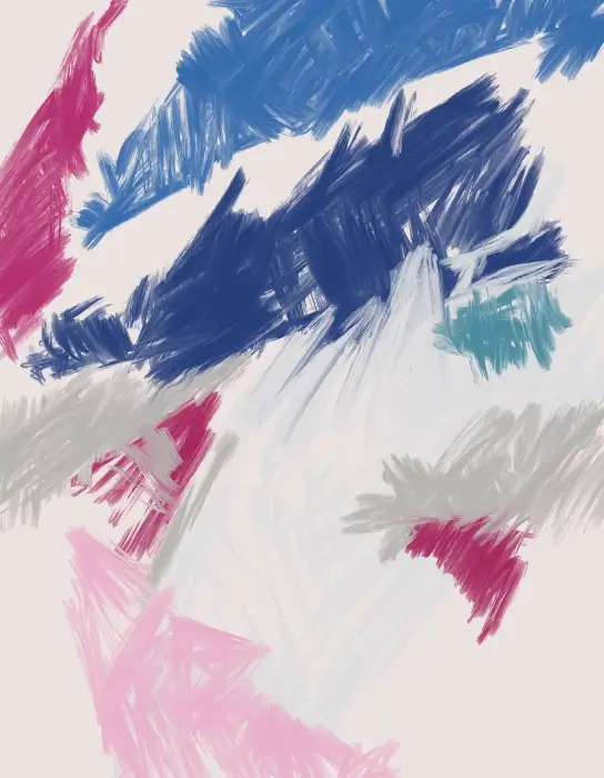 Abstract expressionist artwork with bold blue brushstrokes, grey textures, magenta accents, and expressive white negative space.