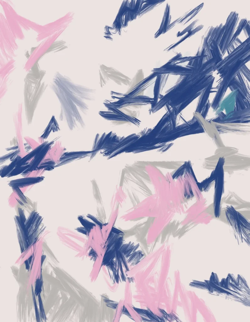 Abstract expressionist painting featuring dynamic navy blue, soft pink, and grey brushstrokes layered across a white background with energetic gestural mark-making.
