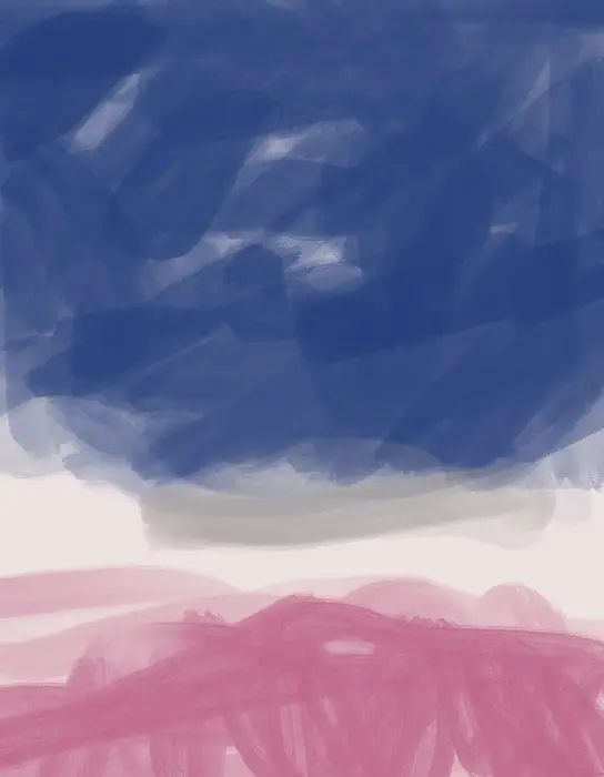 Blue and rose abstract expressionist artwork with expressive layered brushstrokes and a bright white horizon.