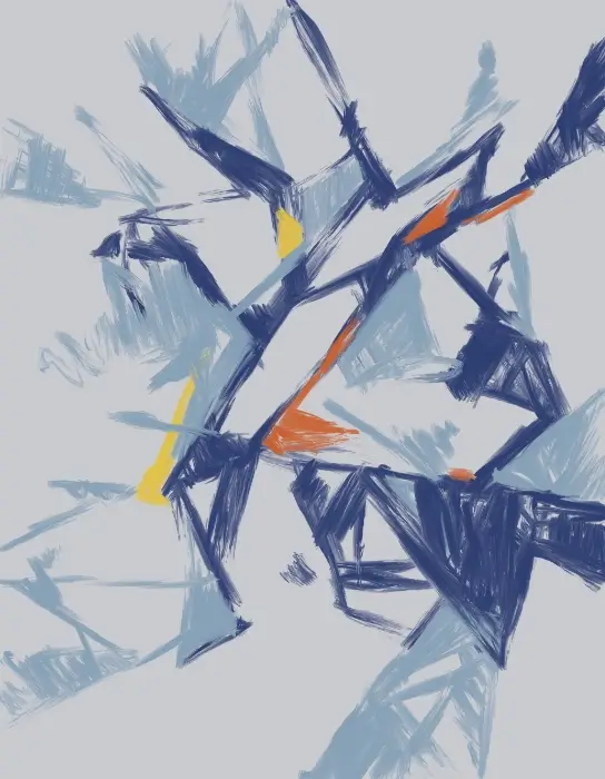 Abstract expressionist artwork with angular dark blue marks and flashes of orange and yellow on a pale blue ground.