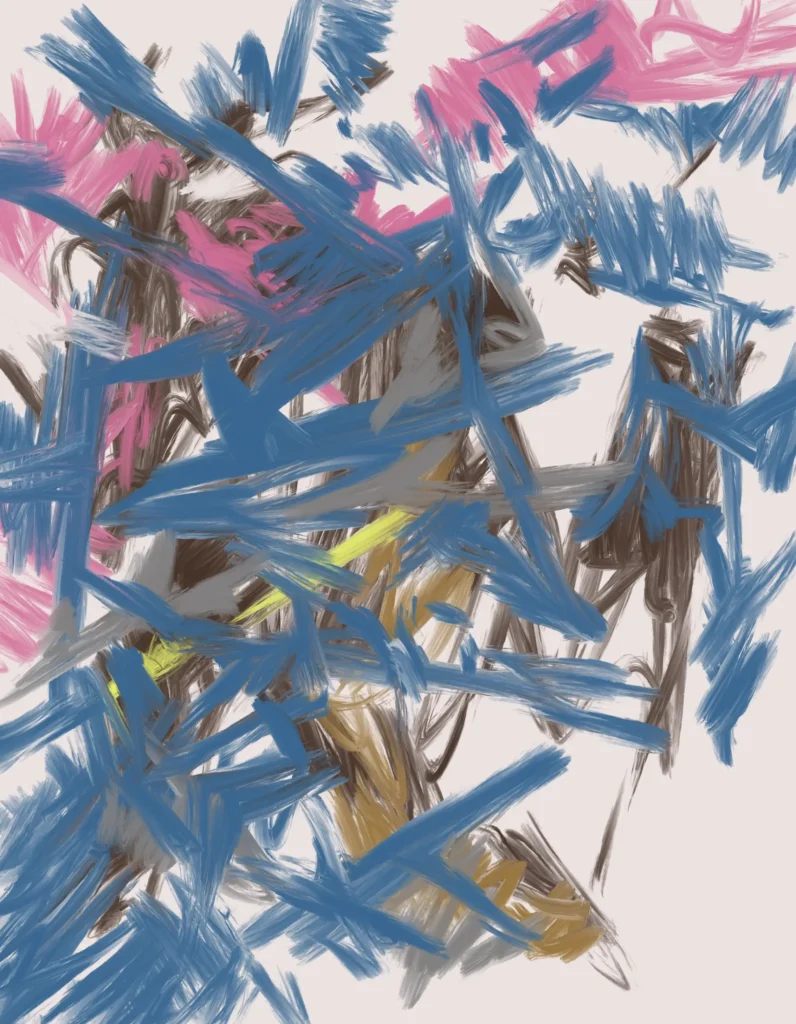 Abstract expressionist digital painting with energetic blue brushstrokes layered over pink, gray, brown, and yellow marks, expressing psychological pressure and fragmented time.