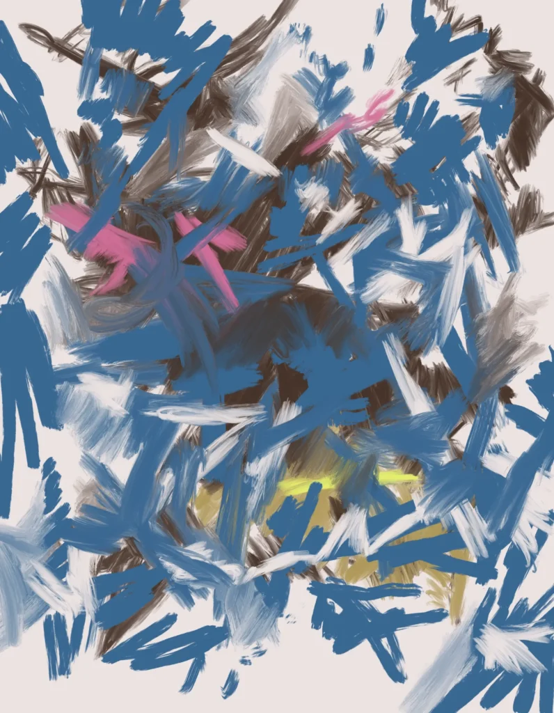 Abstract expressionist painting with layered blue, black, white, pink, and yellow brushstrokes expressing pressure, movement, and emotional tension.