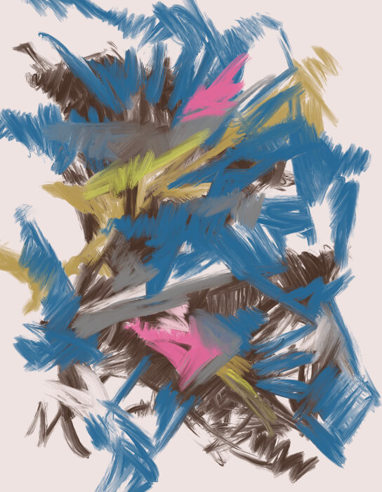 pressured time 6 digital art Abstract painting with energetic blue gestures, dark layered textures, and bright pink highlights symbolizing pressure and motion.
