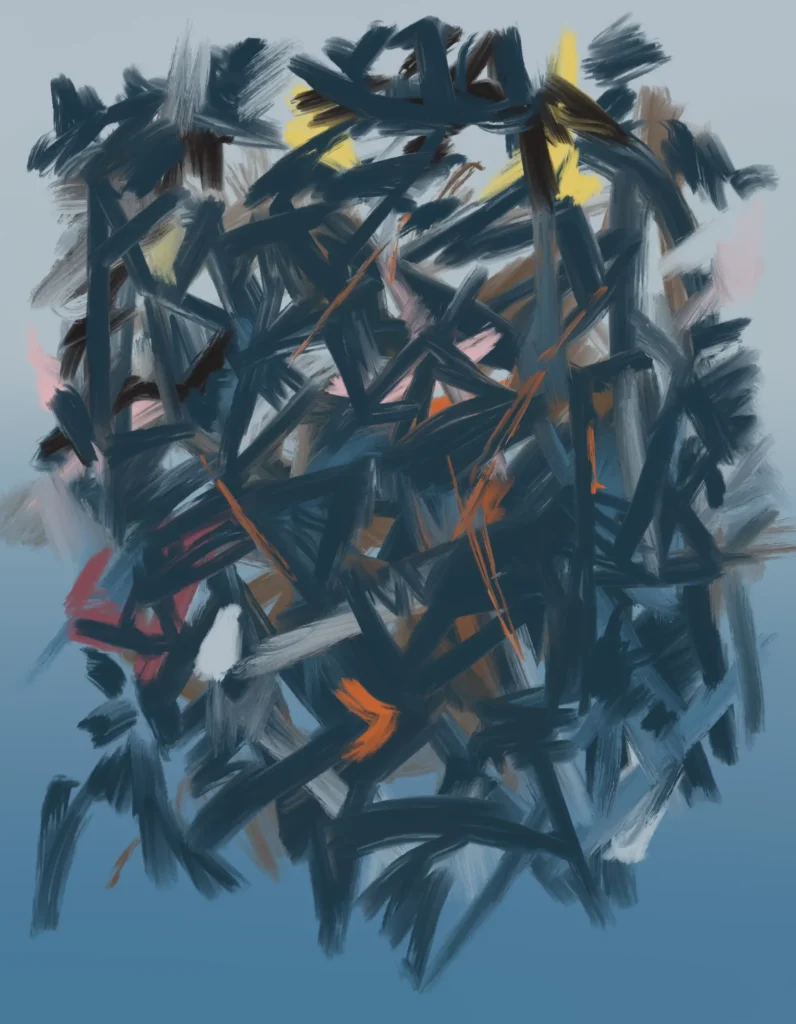 Abstract expressionist painting featuring layered gestural brushstrokes in deep blue, grey, black, and brown, interrupted by vivid yellow, orange, red, and pink marks against a muted blue background.