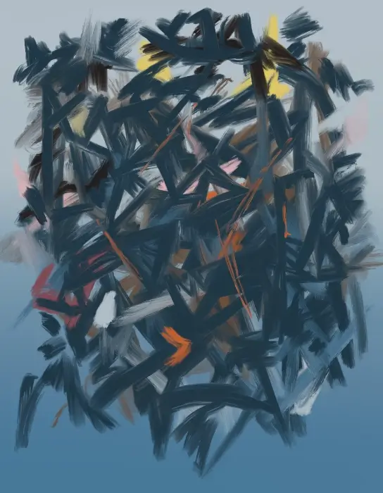 Pressured Time 7 Digital Art Abstract expressionist artwork with dense dark blue brushstrokes and vivid yellow, orange, and red accents.