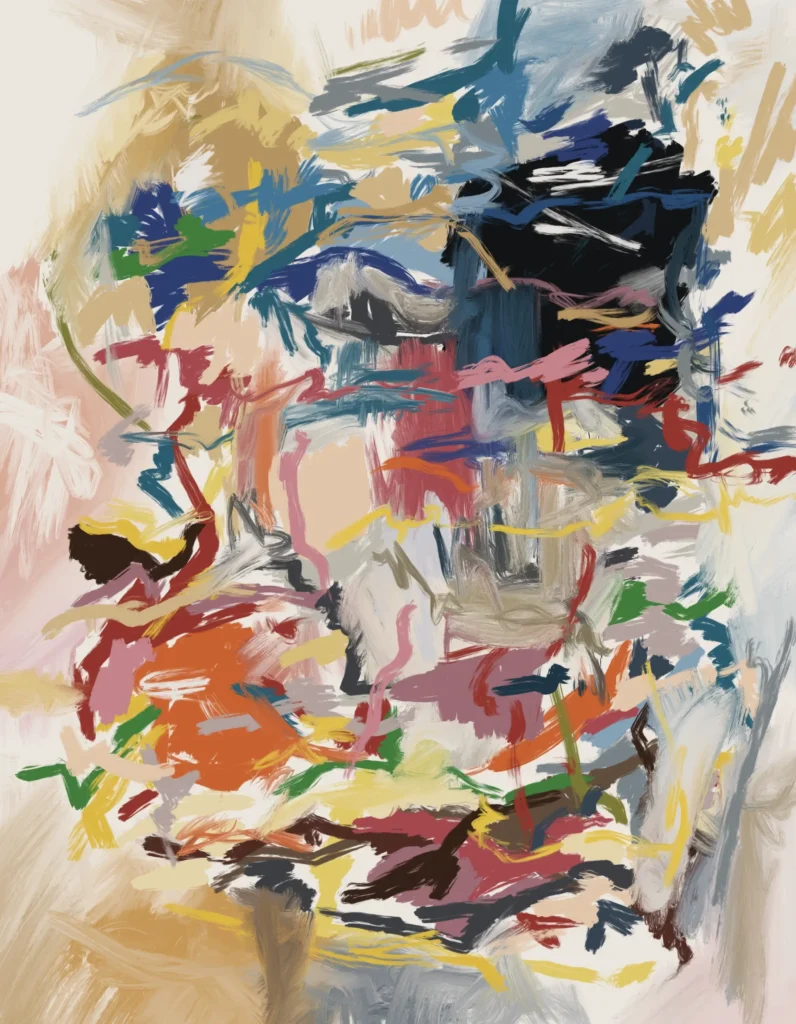 Large abstract expressionist painting featuring energetic brushwork, layered textures, deep black and blue forms, warm ochres, reds, and soft neutrals, creating a sense of suspended motion and evolving balance through expressive mark-making.
