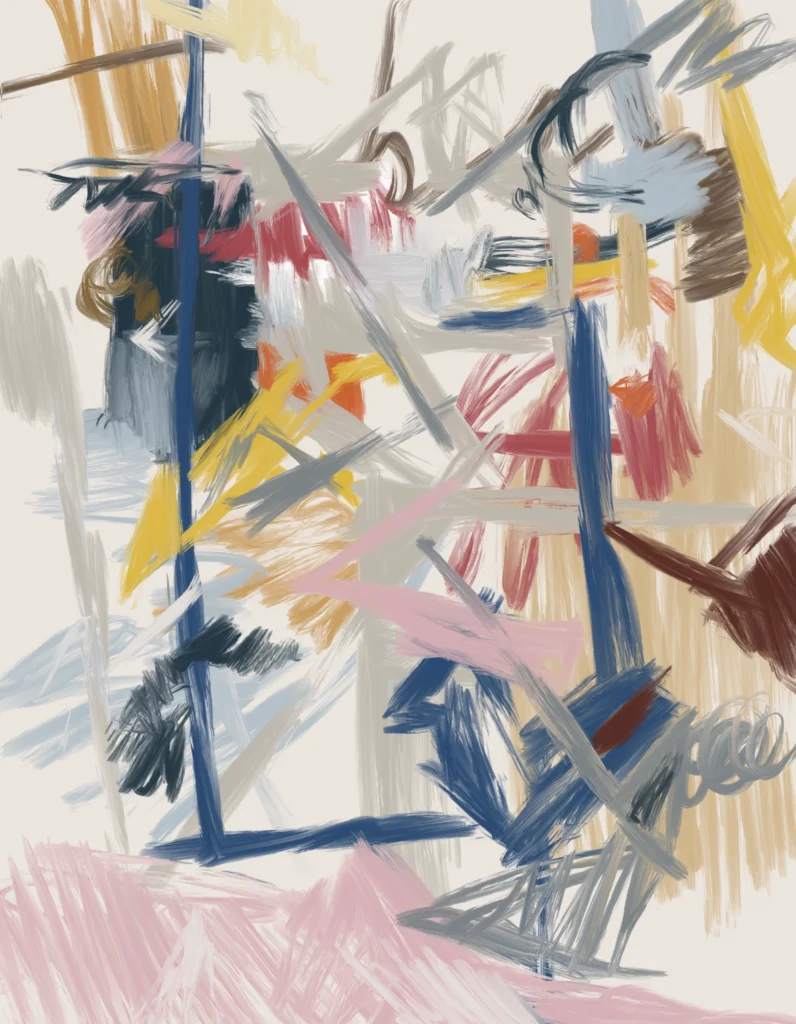 Residual Suspension 3, Day 198, an abstract expressionist painting featuring energetic layered brushstrokes, intersecting lines, and fragmented pastel colors.