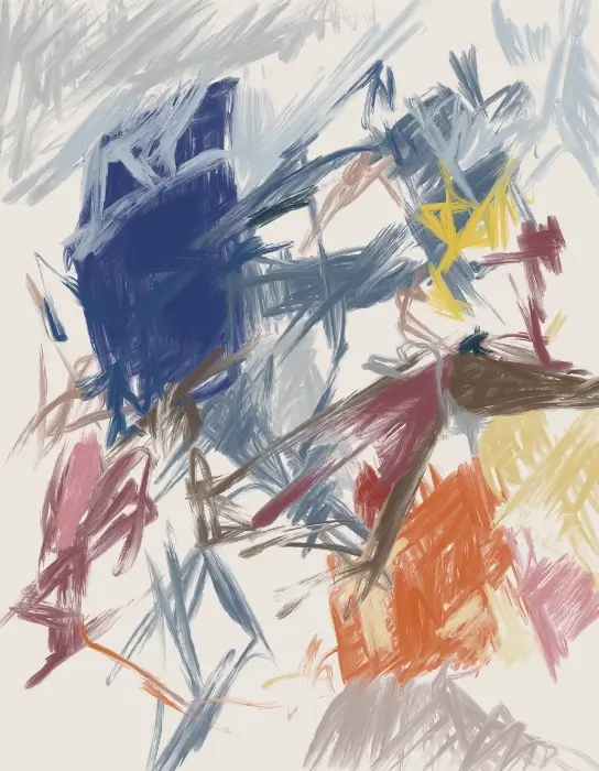 Residual Suspension 4 Digital Art Abstract expressionist painting with layered blue, grey, yellow, red, and orange brushstrokes.