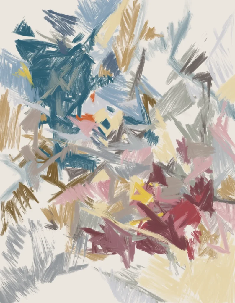 Abstract expressionist artwork featuring energetic overlapping brushstrokes in blue, burgundy, pink, grey, beige, and yellow on a light background.