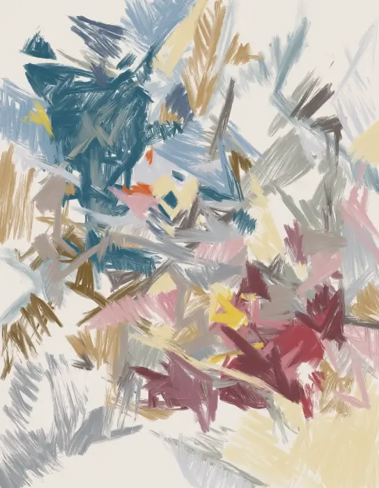 Abstract expressionist painting with layered blue, pink, burgundy, grey, and yellow brushstrokes.