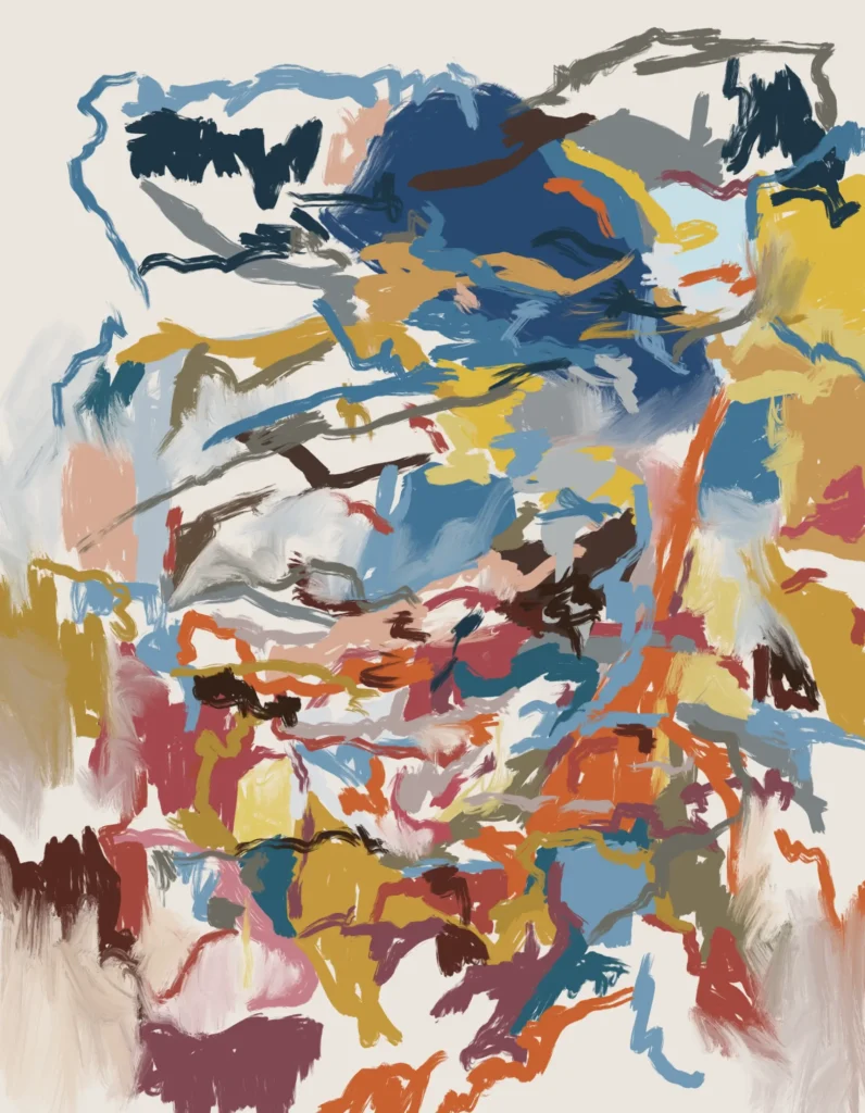 Large abstract expressionist artwork featuring sweeping blue forms, energetic ochre and orange brushstrokes, and layered gestural marks that evoke motion, memory, and suspended emotion.