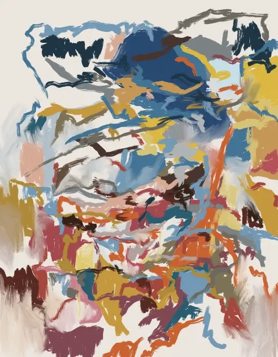 Abstract expressionist painting with bold blue, ochre, orange, and burgundy gestures layered across a light background.