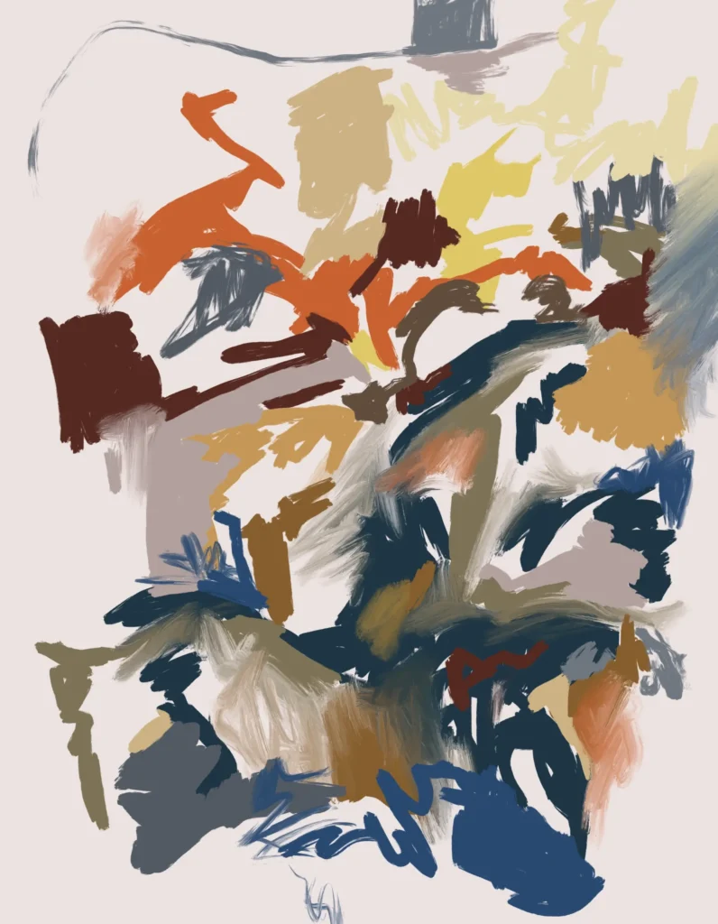 Abstract expressionist digital painting with expressive brushstrokes in earthy browns, warm oranges, muted blues, and soft yellows symbolizing the growth of consciousness, spirit, and the evolving mind.
