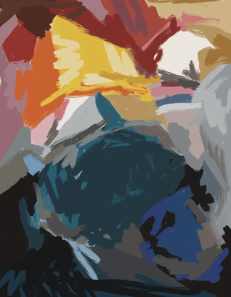 Abstract digital artwork with expressive layered brushstrokes and contrasting forms exploring the balance between calm and inner turmoil.