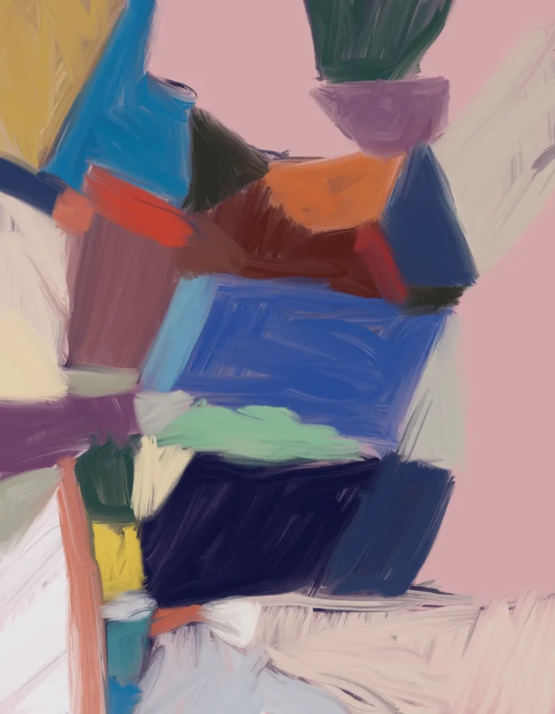 Abstract digital artwork with layered geometric forms in blue, pink, orange, violet, green, and dark tones, suggesting tension and balance.