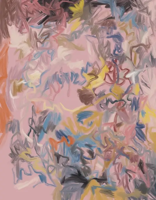 Harmony of Love 2 Digital Artwork Harmony of Love 2 Day 211 abstract digital painting with pink background and gestural blue, yellow, grey, and mauve marks.