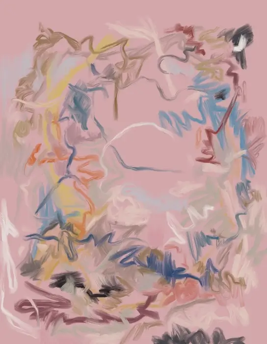 Harmony of Love Day 210 abstract digital painting with pastel gestural marks circling a soft pink center.