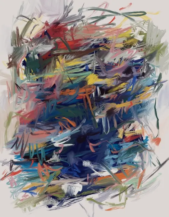 Love Tempest 3 Day 223 abstract digital painting with layered blue, red, green, yellow, and pink gestural brushstrokes.