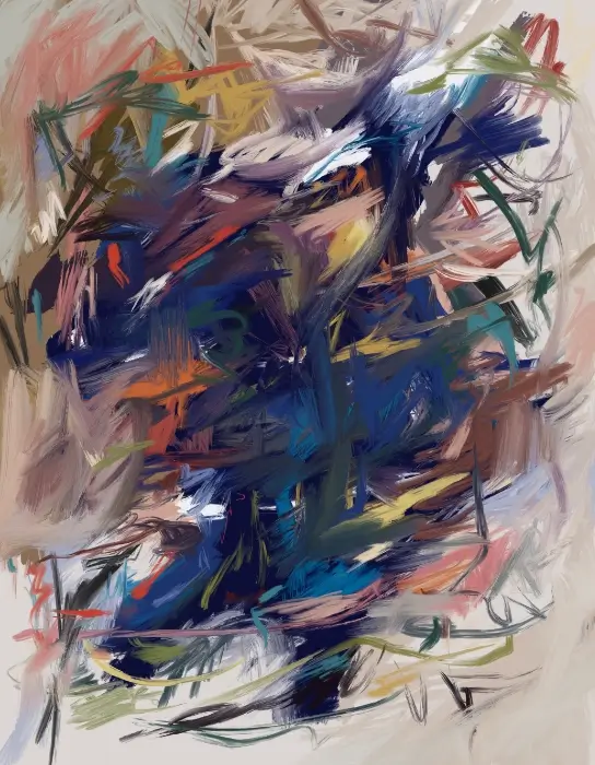 Love Tempest Day 221 Artwork Love Tempest Day 221 abstract digital painting with a dense blue, violet, green, and orange gestural core on a pale background.