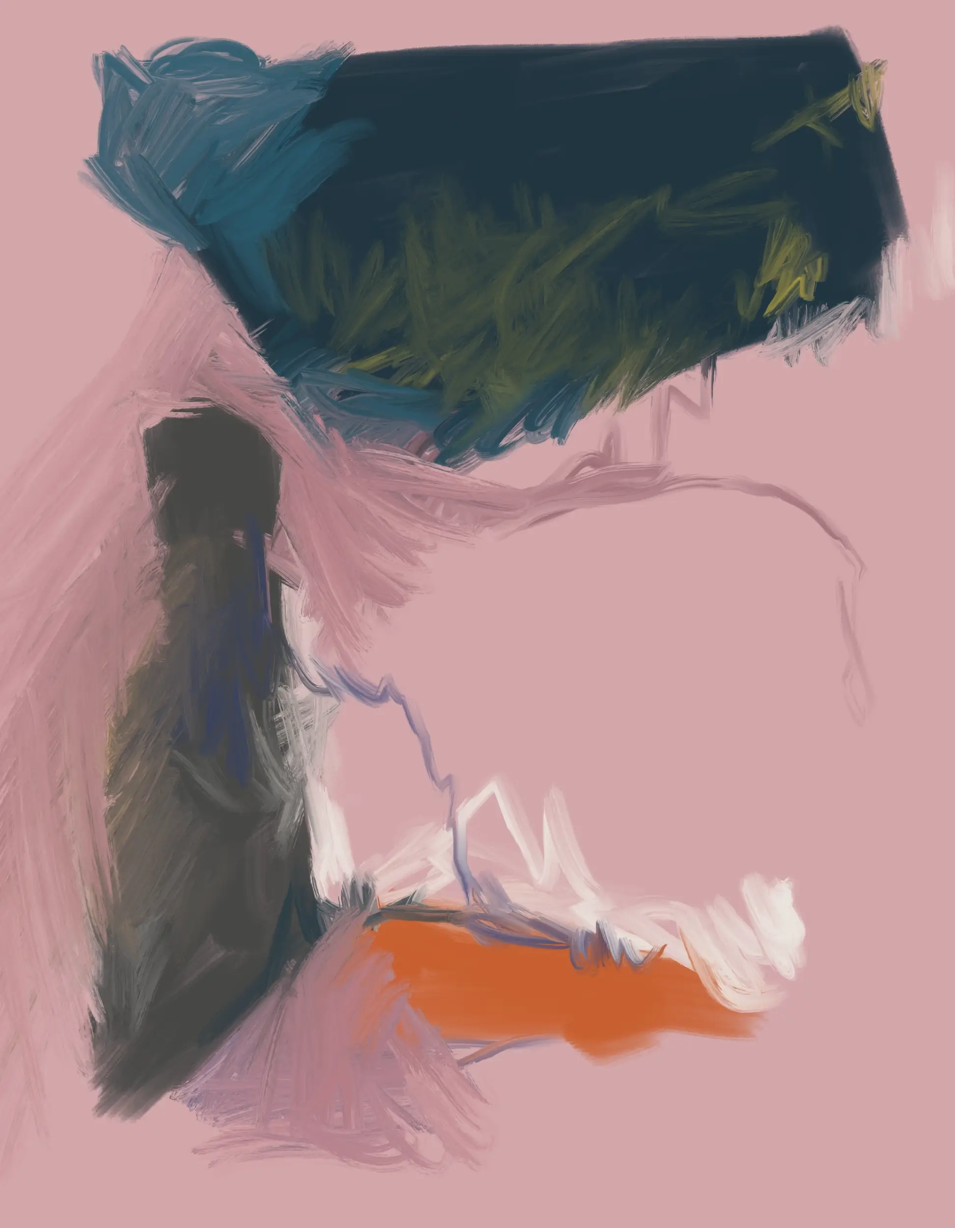 Abstract digital landscape with a dark blue mountain-like mass, soft pink ground, orange accents, white marks, and loose gestural brushwork.