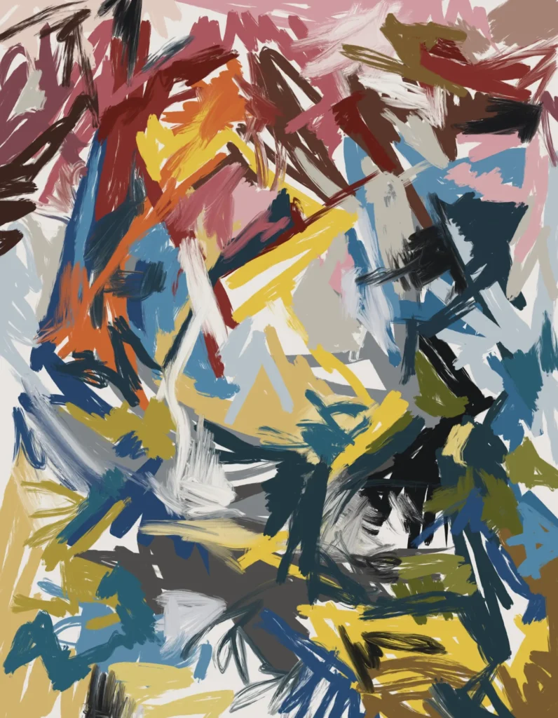 Abstract digital artwork with layered red, yellow, blue, olive green, black, grey, pink, and white gestures forming a dense, turbulent composition.