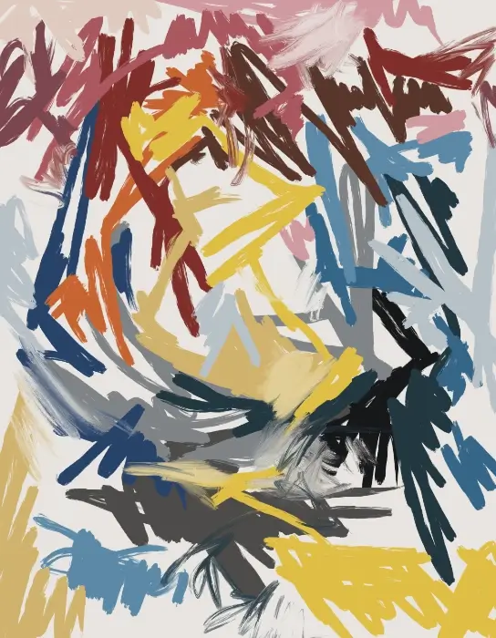 Tourmented Happiness Day 218 Digital Painting Tourmented Happiness Day 218 abstract digital painting with bold red, yellow, blue, black, and grey gestural brushstrokes.