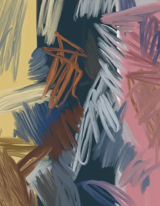 Abstract digital painting with expressive layered brushstrokes, gestural marks and contrasting areas of light and darkness.