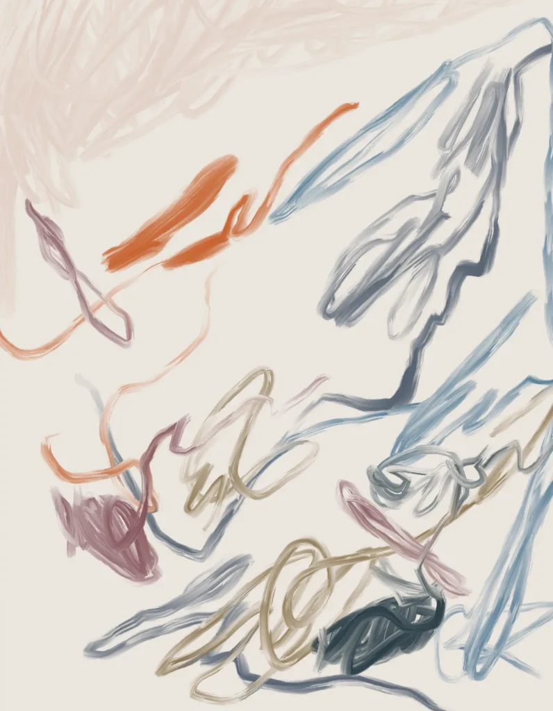 Abstract digital artwork composed of loose blue, burgundy, red and black gestural marks, fragmented forms and open white space.
