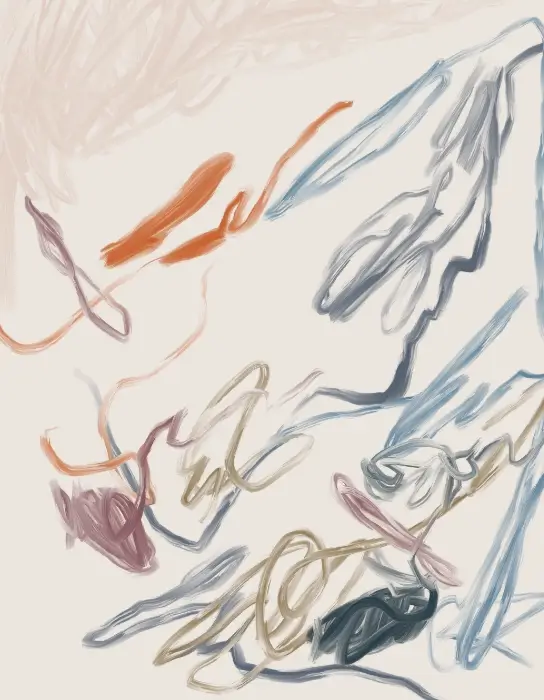Almost Resolved Day 207 Digital Art Almost Resolved Day 207 abstract digital artwork with gestural blue, red, black and burgundy lines on a pale background.