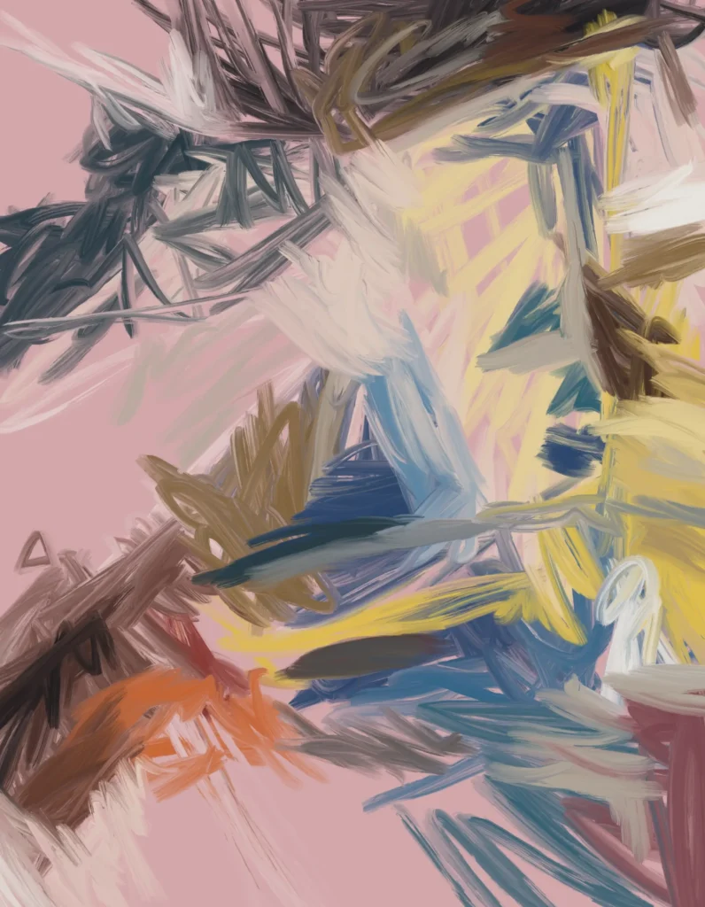 Abstract digital artwork with gestural yellow, blue, white, brown, grey, and pink brushstrokes suggesting rupture, tension, and movement.