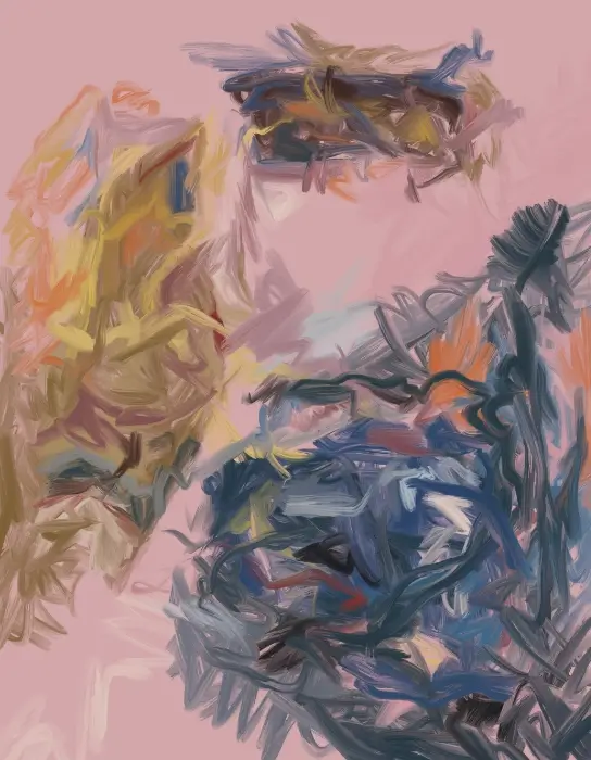 Abstract digital artwork with layered gestural marks in blue, yellow, orange, grey and mauve, forming tangled clusters on a soft pink field.