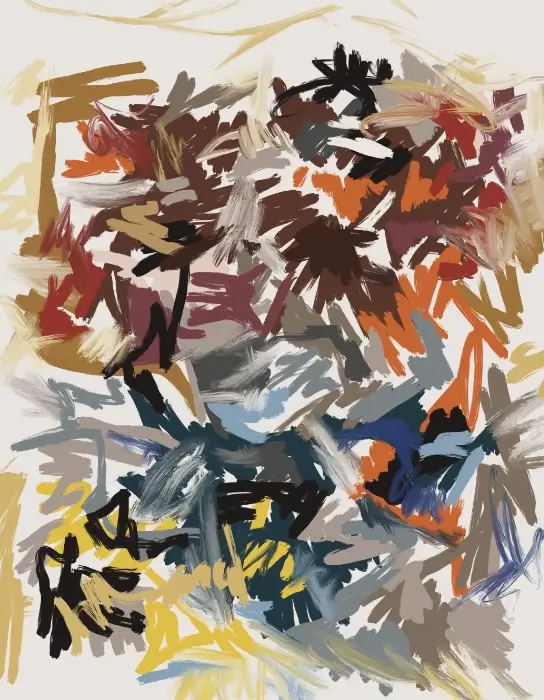 Season Day 217 Digital Art Season Day 217 abstract digital painting with dense brown, orange, blue, grey, yellow, and black gestural brushstrokes.