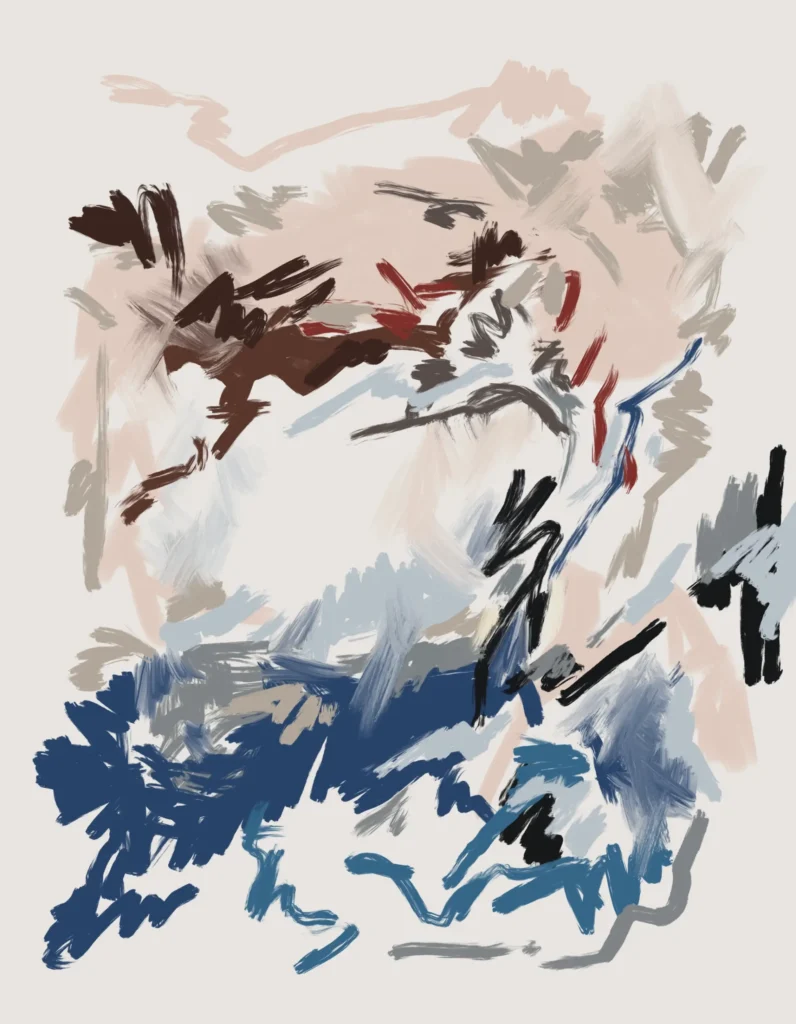 Abstract digital artwork with layered blue, black, red, grey, and pale pink gestures forming an open, transitional composition.
