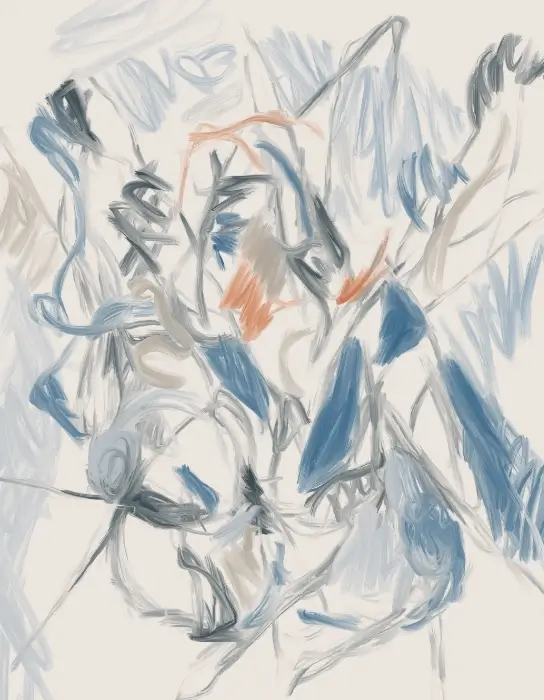Unresolved Day 208 abstract digital artwork with blue, grey, and coral gestural marks on a pale background.