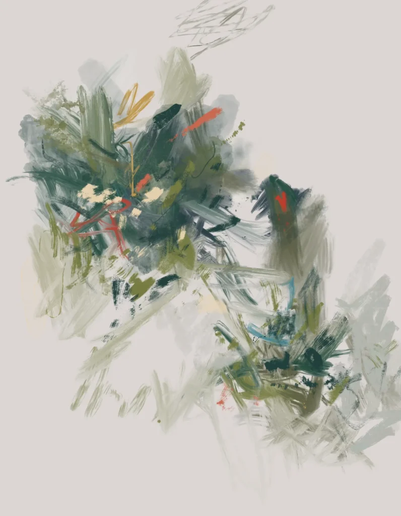 Abstract digital artwork with layered green, grey, pale blue, and cream brushstrokes, accented by coral and ochre marks in an open composition.