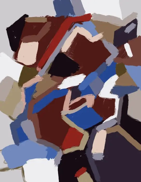 Each Other's Space 2 Day 232 Digital Artwork Each Other’s Space – Day 232, an abstract digital painting with angular blue, burgundy and red shapes crossed by pale zigzags.
