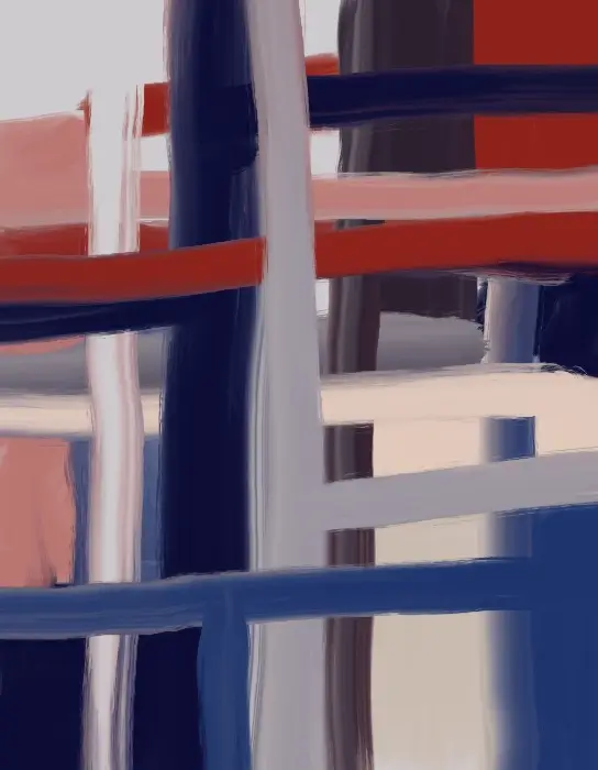 Each Other’s Space – Day 231, an abstract digital painting with crossing red, navy, pink and grey bands.