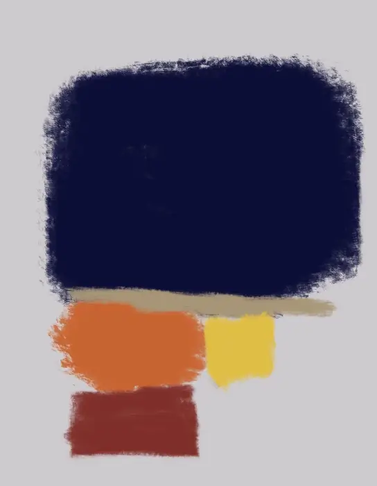 Night to Hold by Severino Canepa: a broad navy rectangle with rough edges above a beige band, orange over brick red at left, and yellow at right on pale grey.