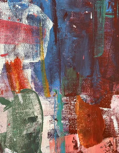 Detail of Redemption of Distance with deep blue, green, red and white layered paint and expressive palette knife textures.