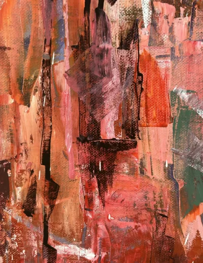 Detail of Redemption of Distance featuring orange, pink, burgundy and green palette knife marks layered across the canvas.