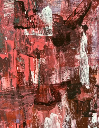 Detail of Redemption of Distance showing expressive red, burgundy, black and white palette knife marks with dripped paint.